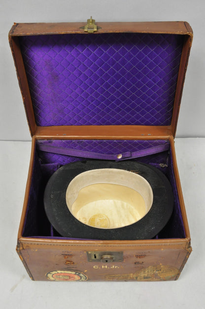 English Art Deco Brown Leather Travel Case Suitcase w/ Cunard Stickers & Top Hat