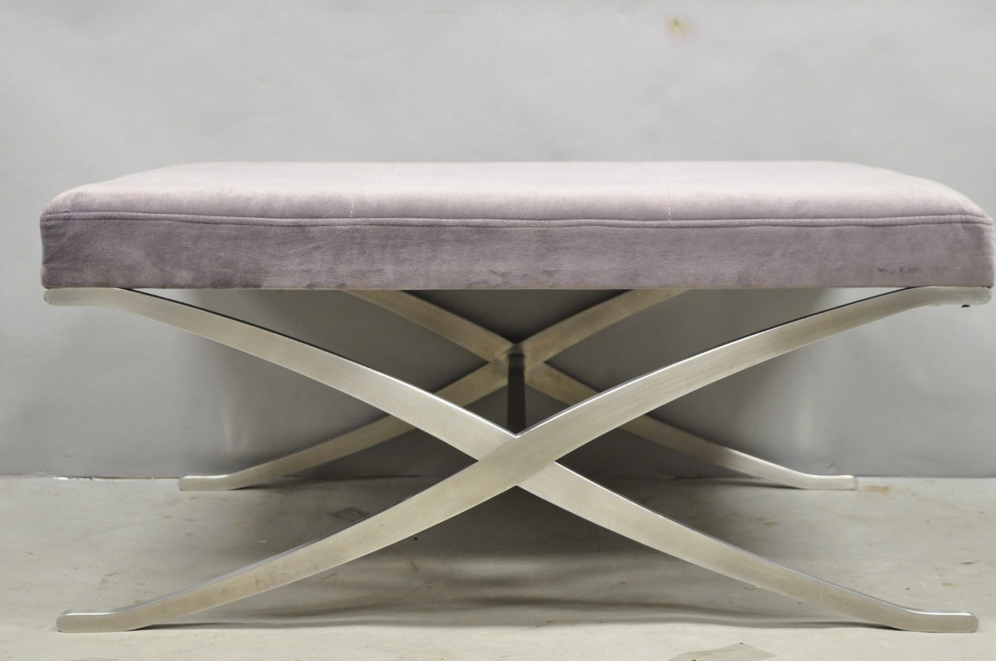 Contemporary Modern Brushed Chrome Frame X-Form Purple Tufted Bench Ottoman