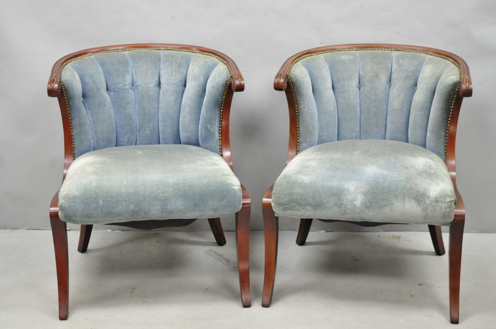 Vintage French Hollywood Regency Mahogany Saber Leg Parlor Lounge Chair - a Pair