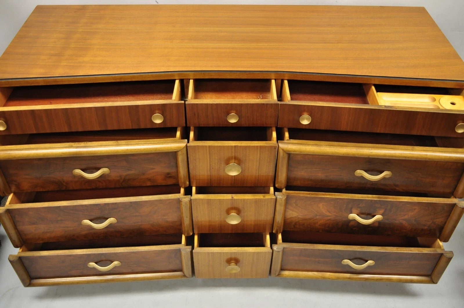 Mid Century Modern Art Deco Walnut Long Dresser Credenza w Mirror by Joerns Bros
