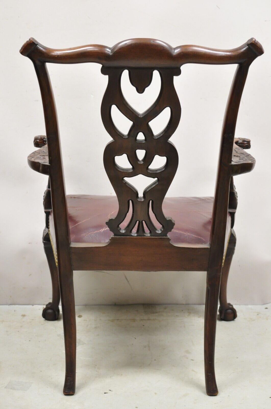 Antique Carved Mahogany Chippendale Style Ball and Claw Leather Arm Chair