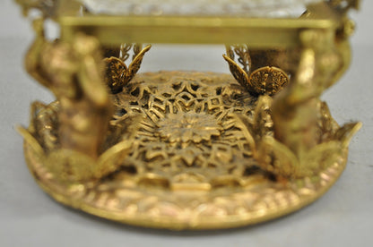 Vintage Brass Filigree Brides Basket Holder w/ Cherubs & 4 Ruffled Glass Dishes