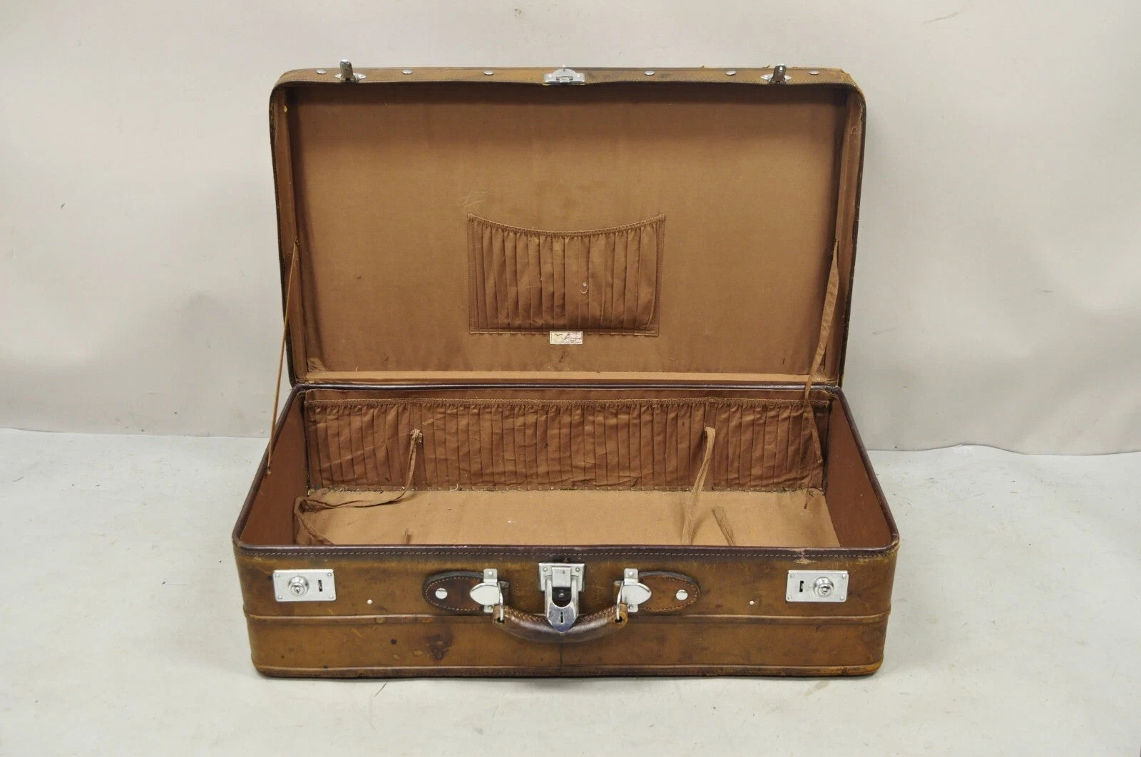 Vintage Art Deco Brown Distressed Leather 33" Luggage Suitcase by Golden Leaf