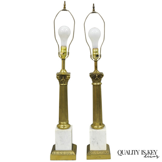Vintage French Empire Style Brass Corinthian Column Marble Base Table Lamps Pair