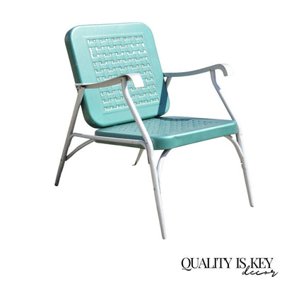Vintage Green Metal Aluminum Basket Weave Patio Porch Outdoor Arm Chair