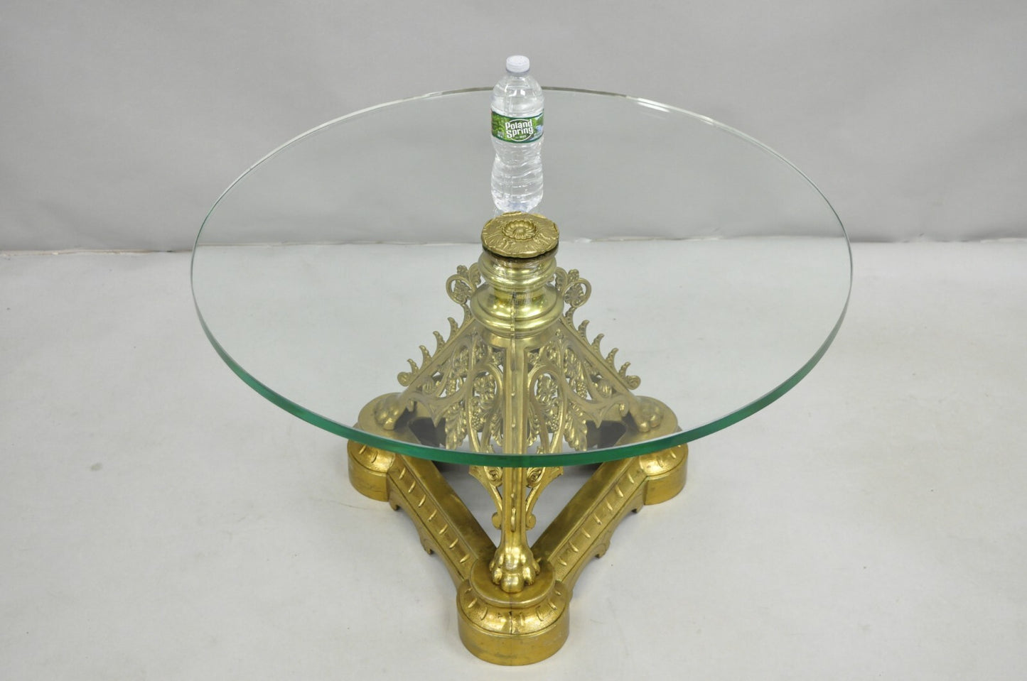 French Empire Renaissance Bronze Paw Foot Pedestal Base Round Glass Coffee Table