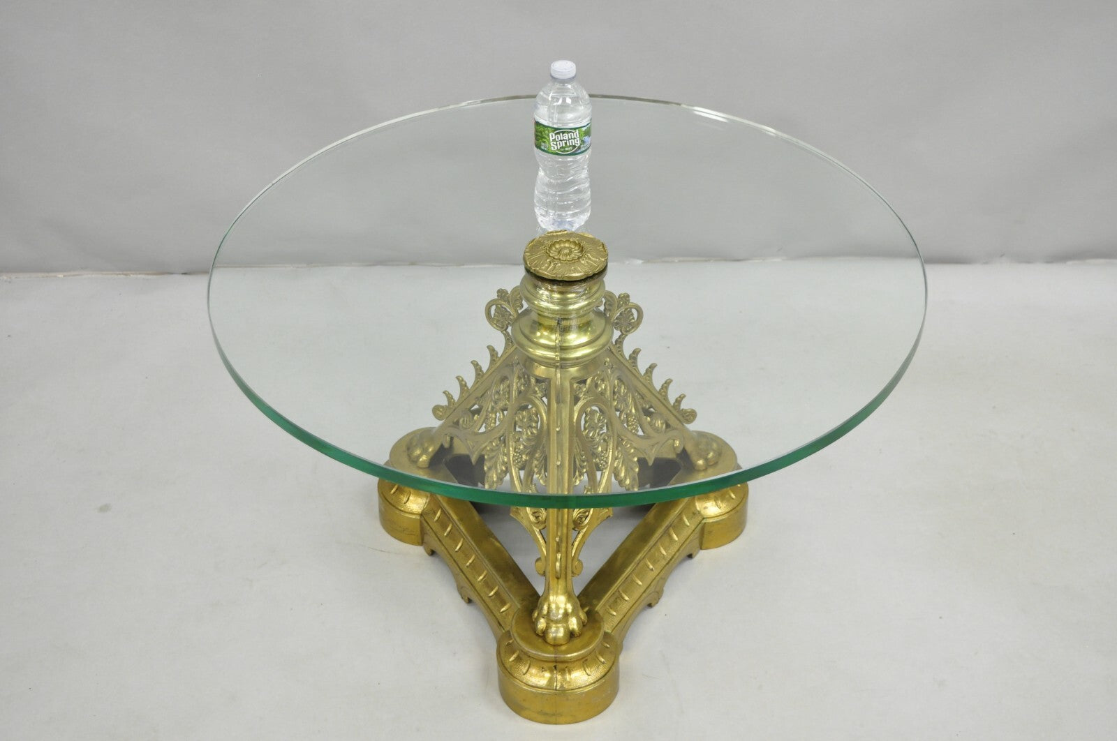 French Empire Renaissance Bronze Paw Foot Pedestal Base Round Glass Coffee Table