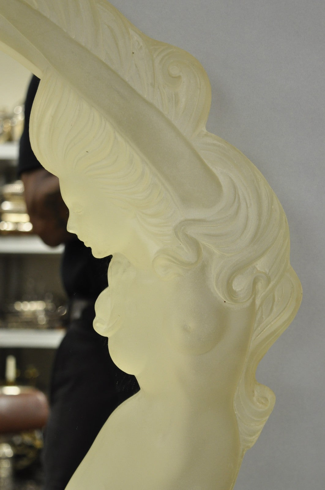 Vintage Art Nouveau Revival Lucite Acrylic Figural Woman Round Wall Mirror