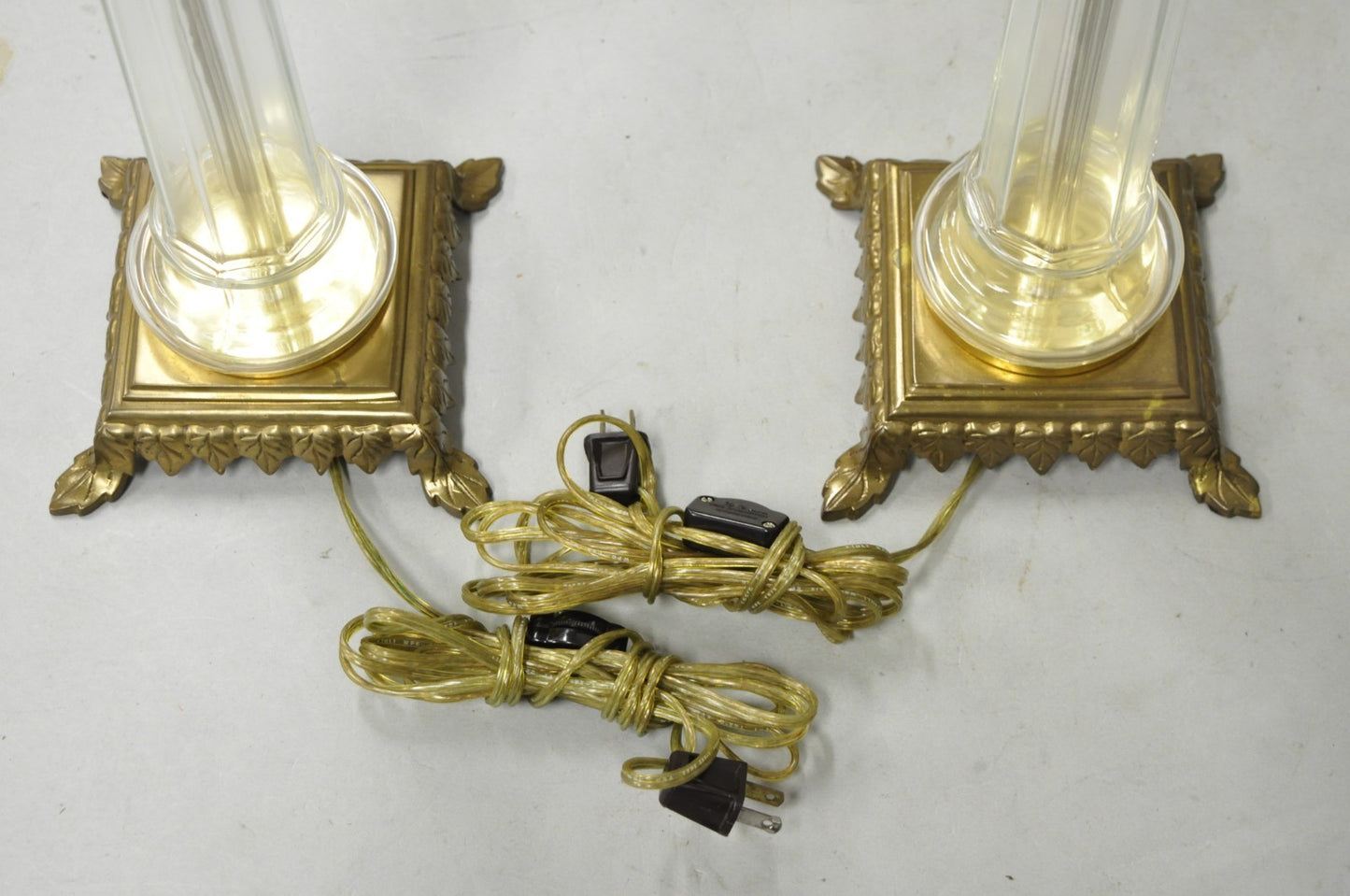 Vintage Chapman French Empire Glass Column Brass Candelabra Table Lamps - a Pair