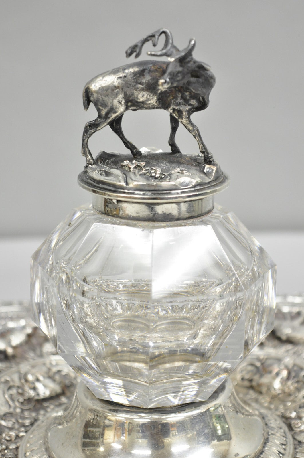Antique English Victorian Stag Mounted Crystal Glass Inkwell Silver Plated Tray