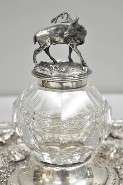 Antique English Victorian Stag Mounted Crystal Glass Inkwell Silver Plated Tray