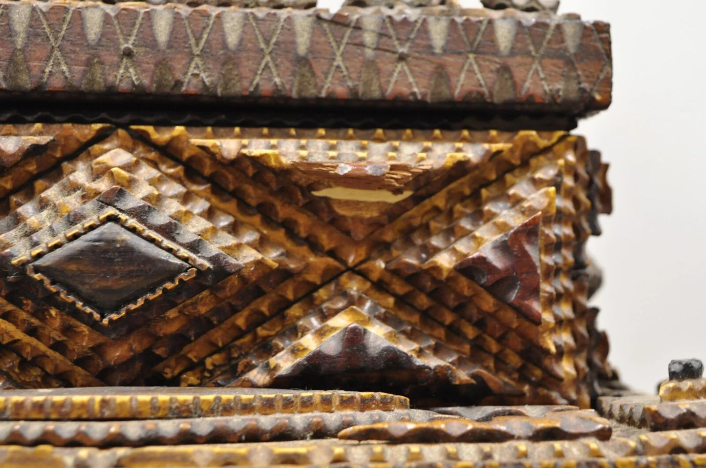 Antique Tramp Art Diamond 2 Tier Hinged Carved Wood Presentation Jewelry Box