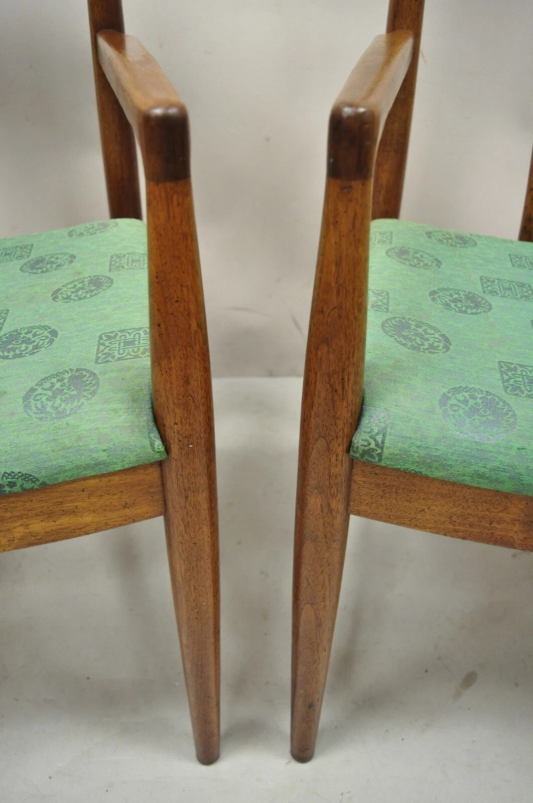 Vintage Mid Century Modern John Stuart Walnut Curve Back Dining Arm Chairs, Pair