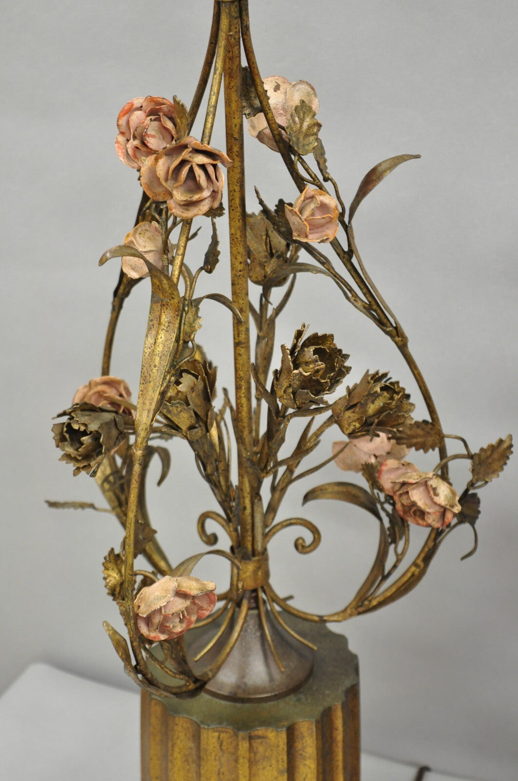 Italian Hollywood Regency Gold Gilt Iron Metal Pink Rose Tall Table Lamps Pair