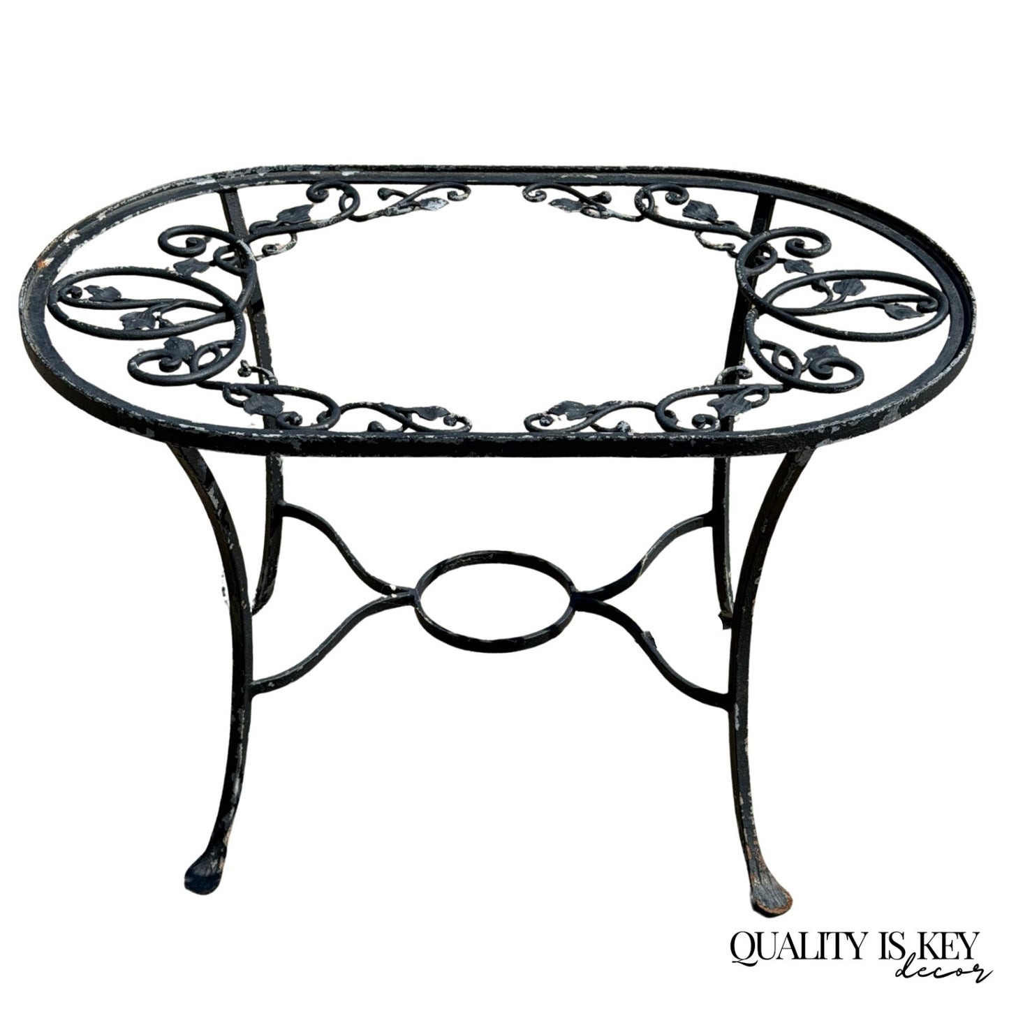 Vintage Salterini Style Leaf Vine Scroll Wrought Iron Oval Patio Coffee Table