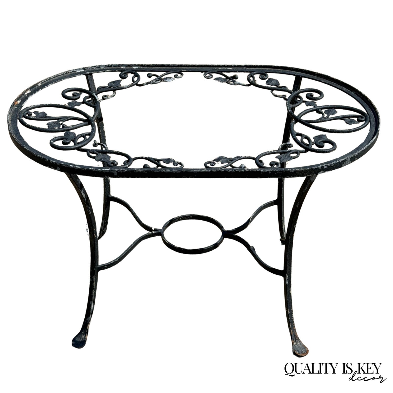 Vintage Salterini Style Leaf Vine Scroll Wrought Iron Oval Patio Coffee Table