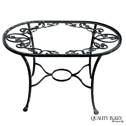 Vintage Salterini Style Leaf Vine Scroll Wrought Iron Oval Patio Coffee Table