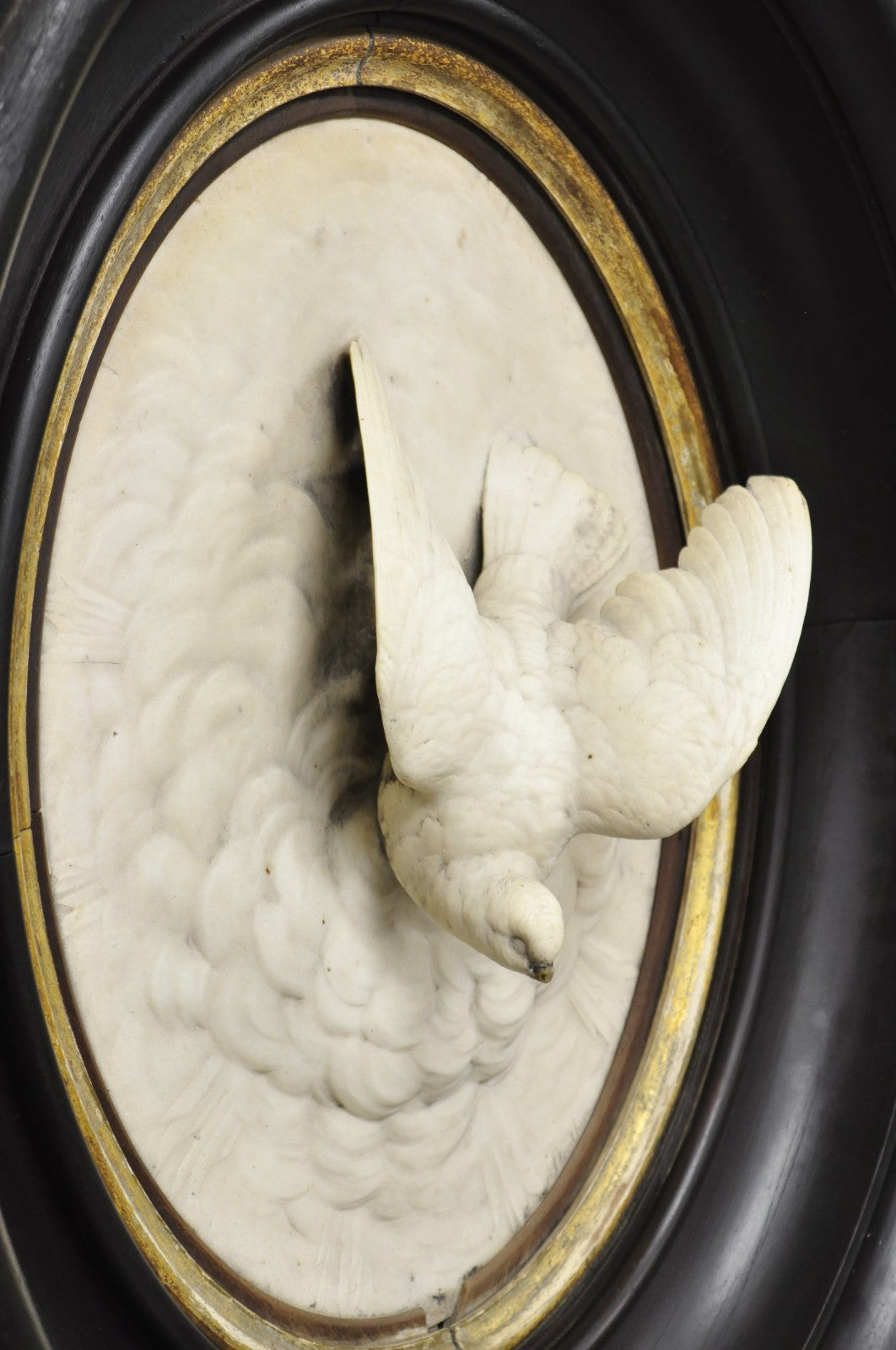 Antique Victorian Large Italian Oval Marble Relief Carved Dove Bird Wall Plaque
