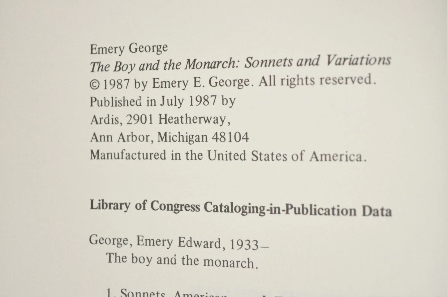 Emery George The Boy & the Monarch Sonnets & Variations 1987 Ardis Hardcover NOS