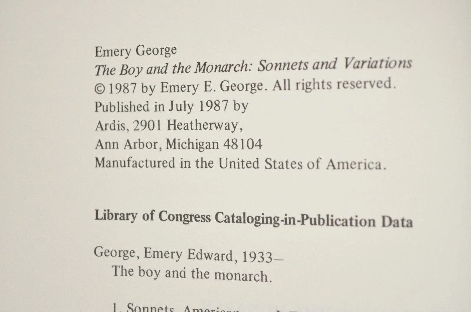 Emery George The Boy & the Monarch Sonnets & Variations 1987 Ardis Hardcover NOS