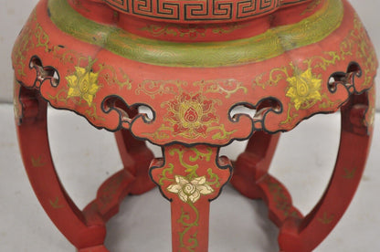 Vintage Chinoiserie Red Lacquer Chinese Drum Stool w Hand Painted Bird & Flowers