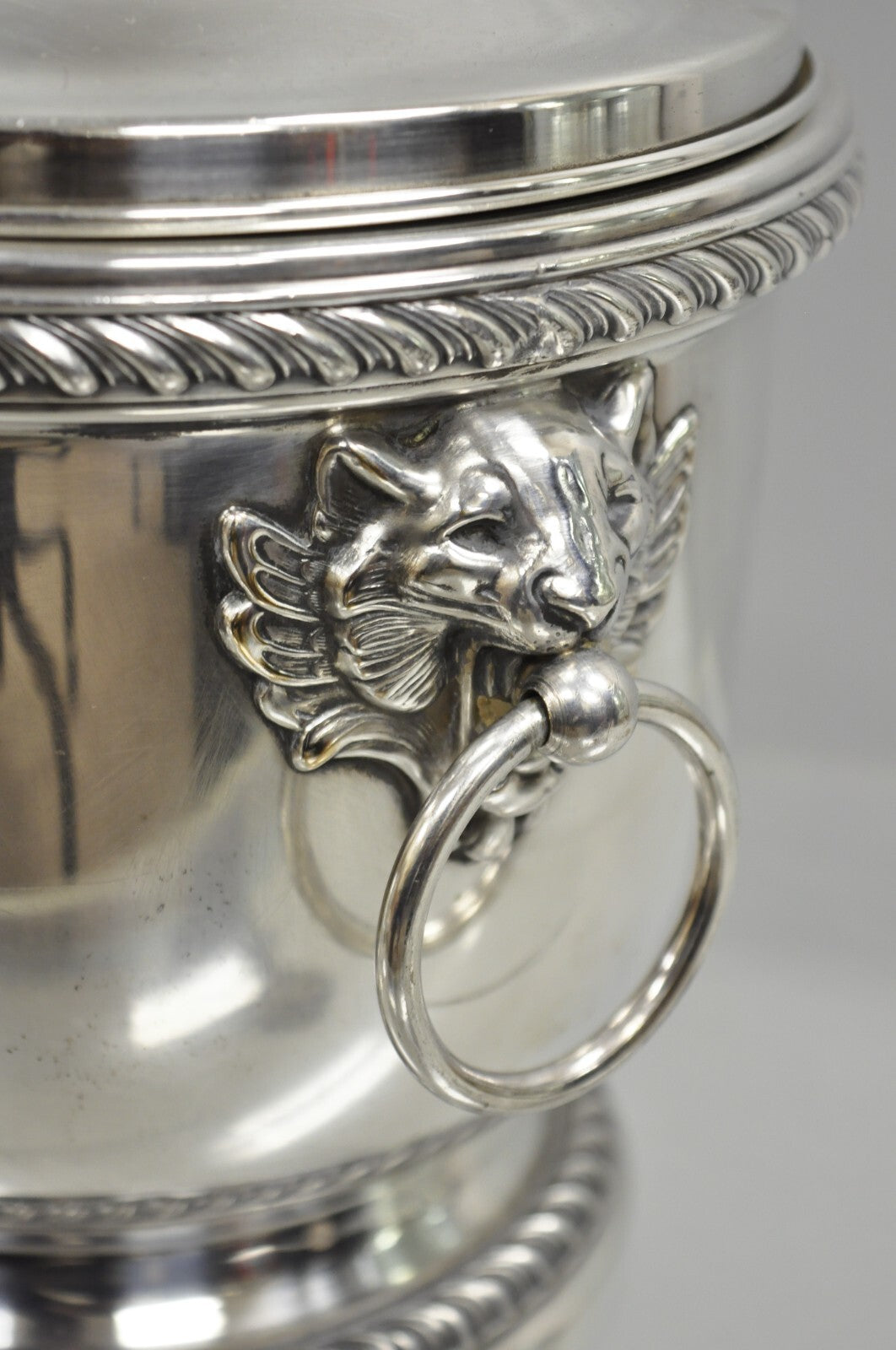 Vintage English Regency Silver Plated Lion Head Lidded Ice Bucket by Poole