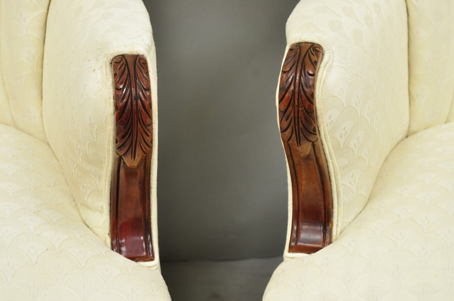 Vintage French Art Deco Style Channel Wingback Mahogany Lounge Arm Chairs - Pair