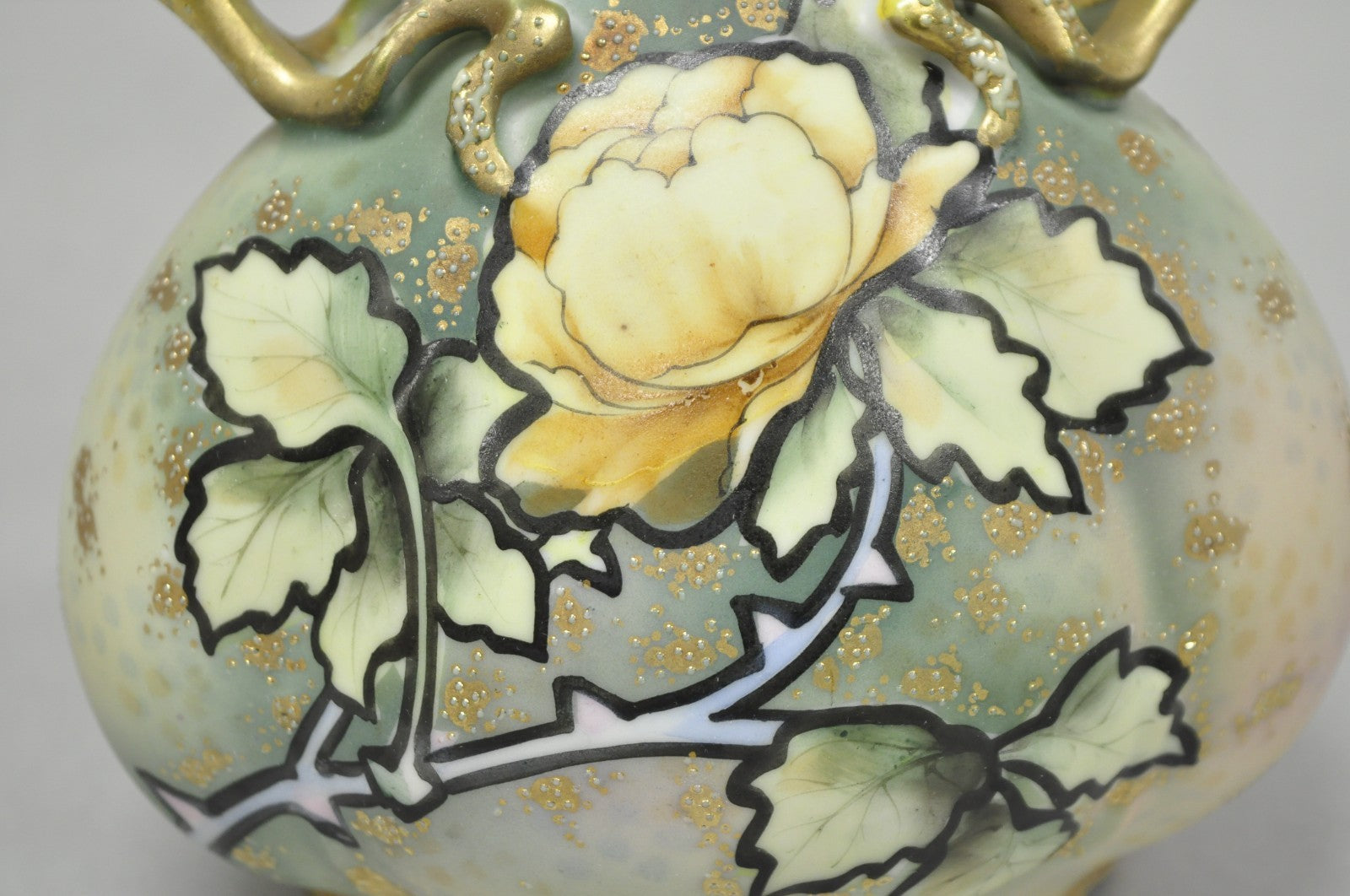 Antique Nippon Hand Painted Porcelain Twin Branch Handle Yellow Rose Small Vase