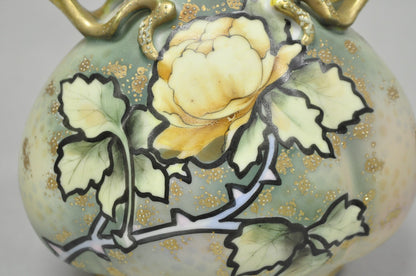 Antique Nippon Hand Painted Porcelain Twin Branch Handle Yellow Rose Small Vase