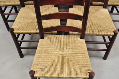 Primitive Rustic Ladder Back Woven Rush Seat Dining Side Chairs - Set of 6