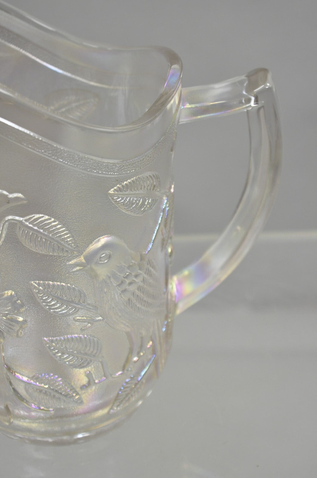 Vintage Imperial Carnival Glass Iridescent Frosty White Robins & Flowers Pitcher