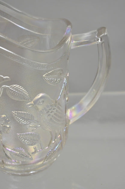 Vintage Imperial Carnival Glass Iridescent Frosty White Robins & Flowers Pitcher