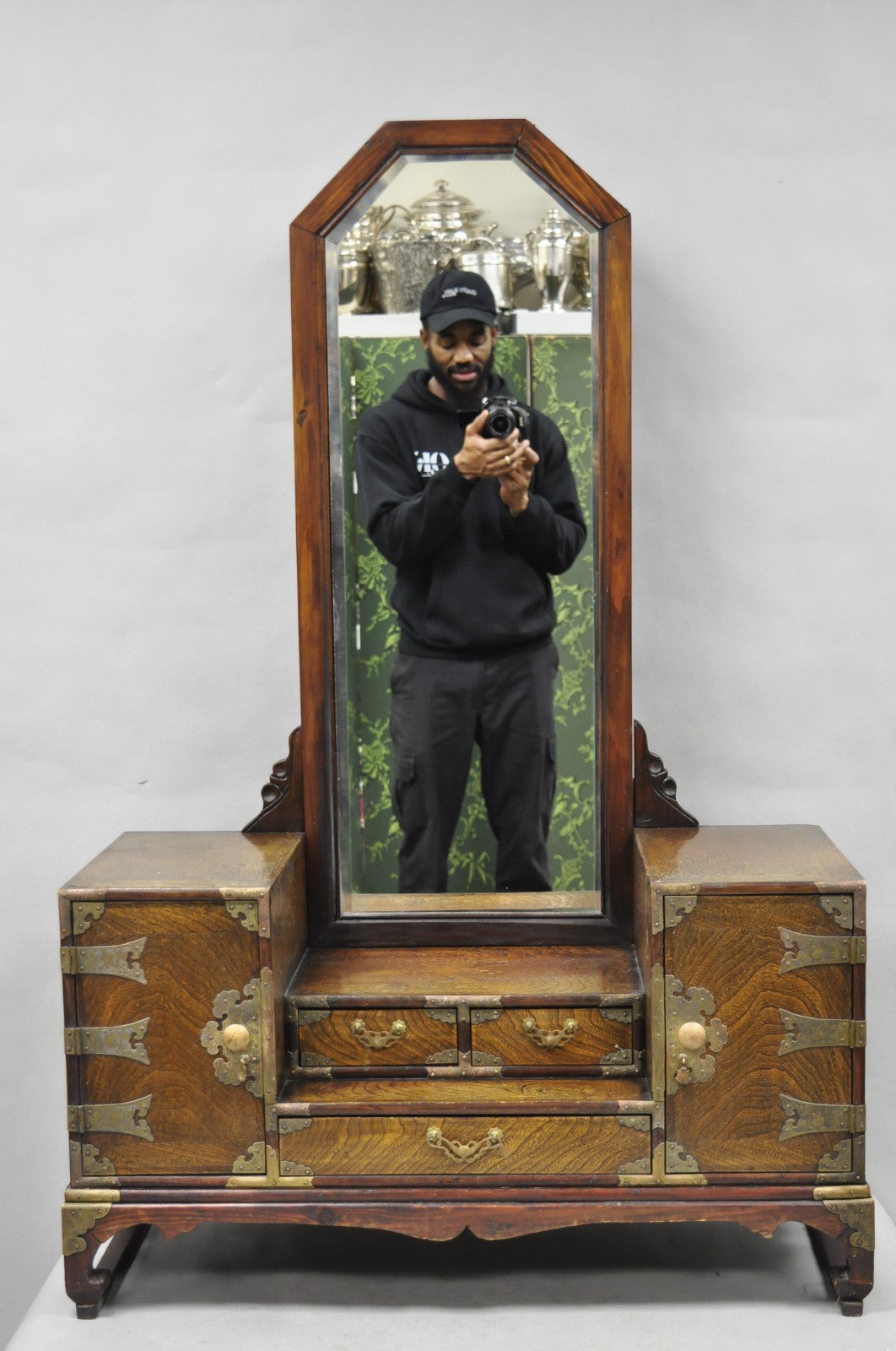 Antique Japanese Wood & Brass Small Low Kyodai Vanity Dressing Table with Mirror