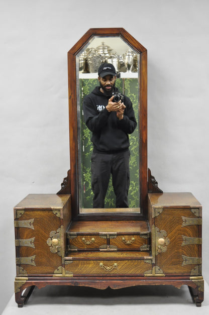 Antique Japanese Wood & Brass Small Low Kyodai Vanity Dressing Table with Mirror