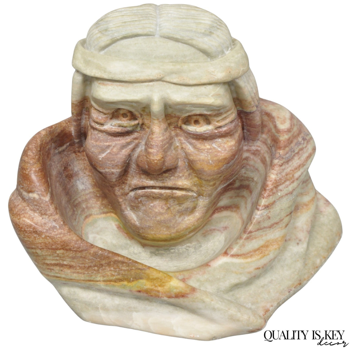 Vintage Seymour Shuren Modern Carved Pink Marble Native American Bust Sculpture
