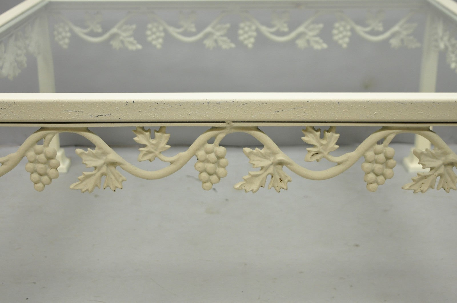 Vintage Woodard Style White Wrought Iron "Grapevine" Square Glass Coffee Table