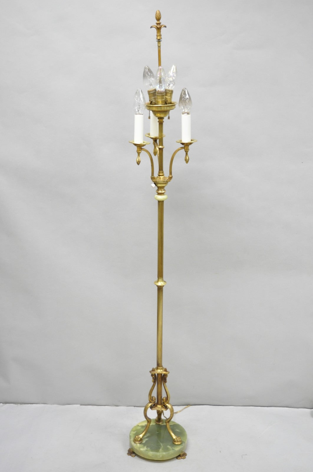 Antique Art Deco Brass & Green Onyx Paw Foot Victorian Pole Floor Lamp