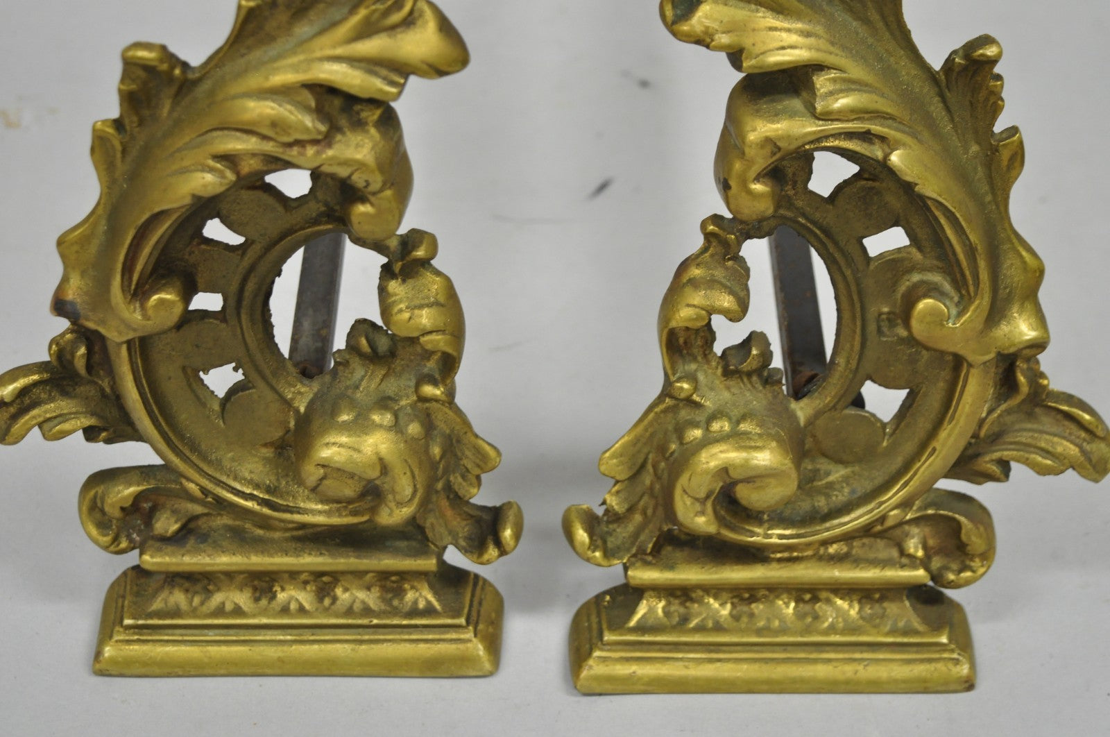 Vintage French Rococo Style Small Brass Bronze Acanthus Leaf Andirons - a Pair