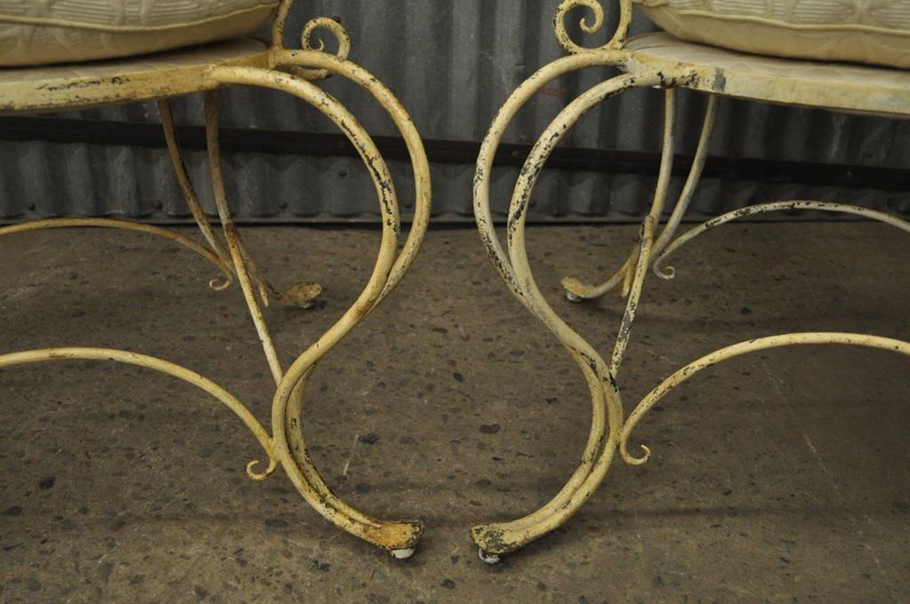 Pair Vintage Hollywood Regency Lattice Wrought Iron Patio Lounge Arm Chairs B