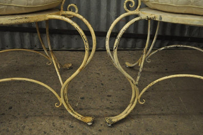 Pair Vintage Hollywood Regency Lattice Wrought Iron Patio Lounge Arm Chairs B