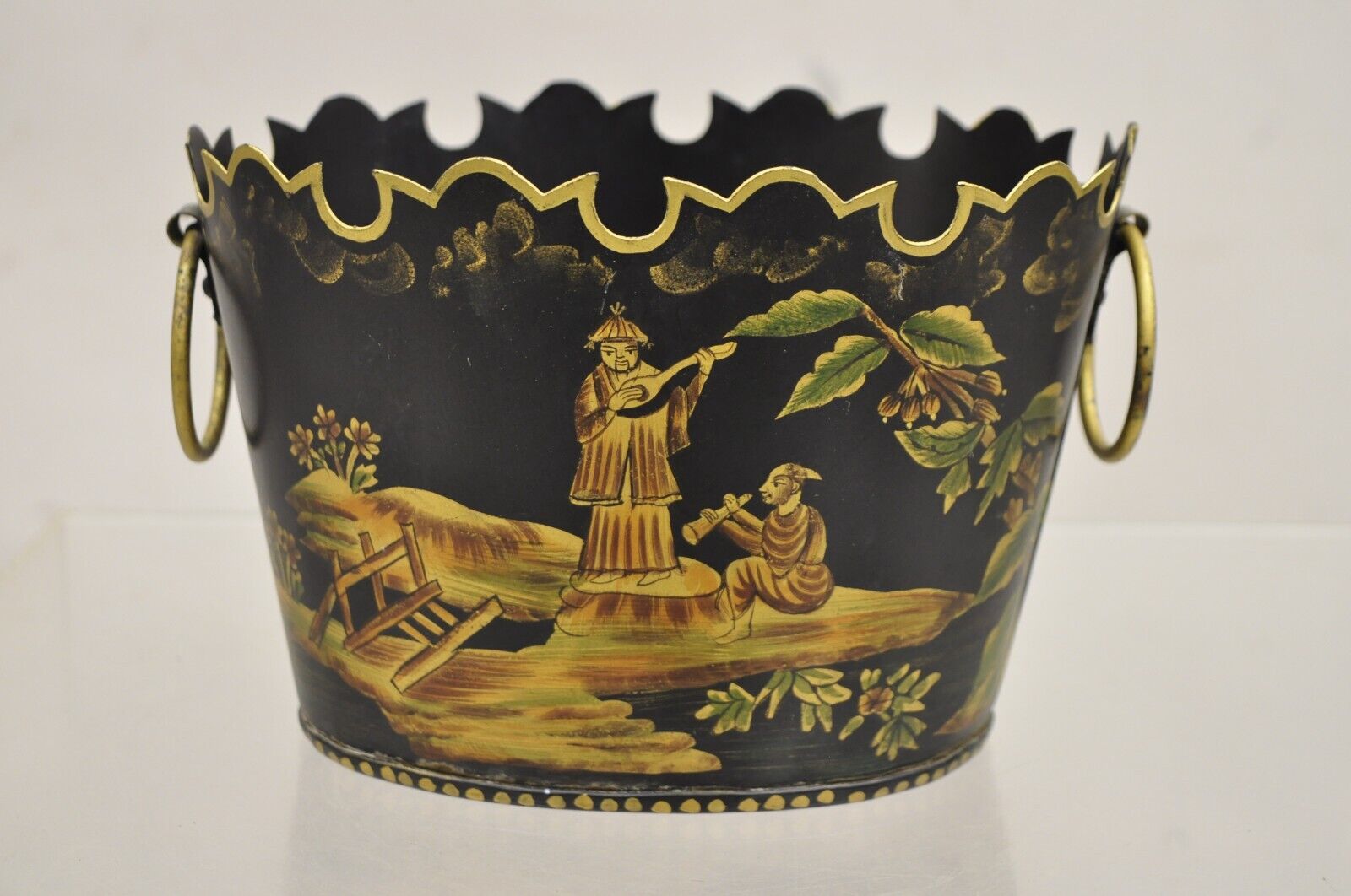 Scalloped Italian Hand Painted Toleware Chinoiserie Black Metal Planter - A Pair