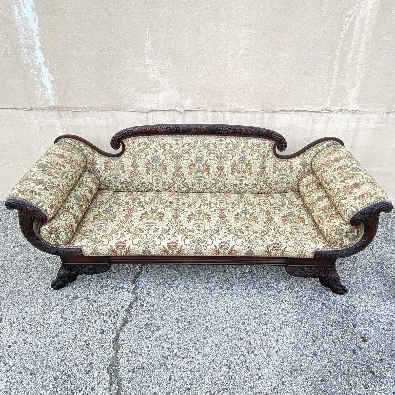 Antique American Empire Classical Carved Mahogany Paw Foot Cornucopia Arm Sofa