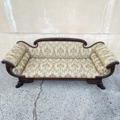 Antique American Empire Classical Carved Mahogany Paw Foot Cornucopia Arm Sofa