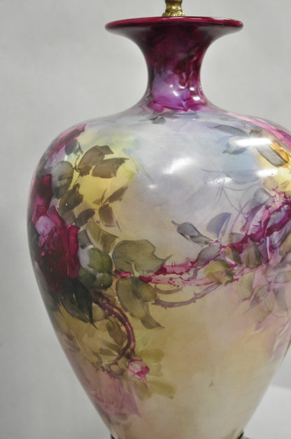 Antique French Paris Porcelain Hand Painted Flowers Bulbous Vase Table Lamp