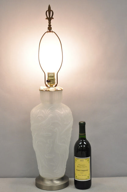 Vintage Chinoiserie Raised Satin Glass Tropical Birds Art Nouveau Table Lamp