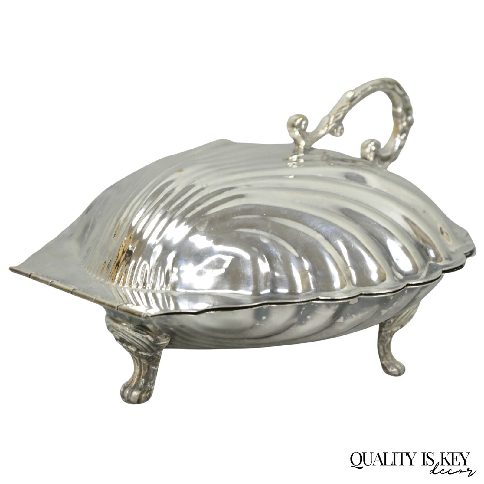 Vintage Regency Style Silver Plated Clam Shell Hinged Warmer with Floral Handle