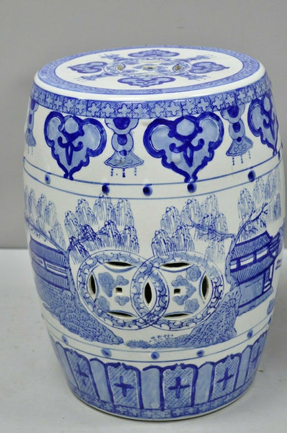 Pair of Blue & White Porcelain Chinese Oriental Drum Garden Seat Pedestal