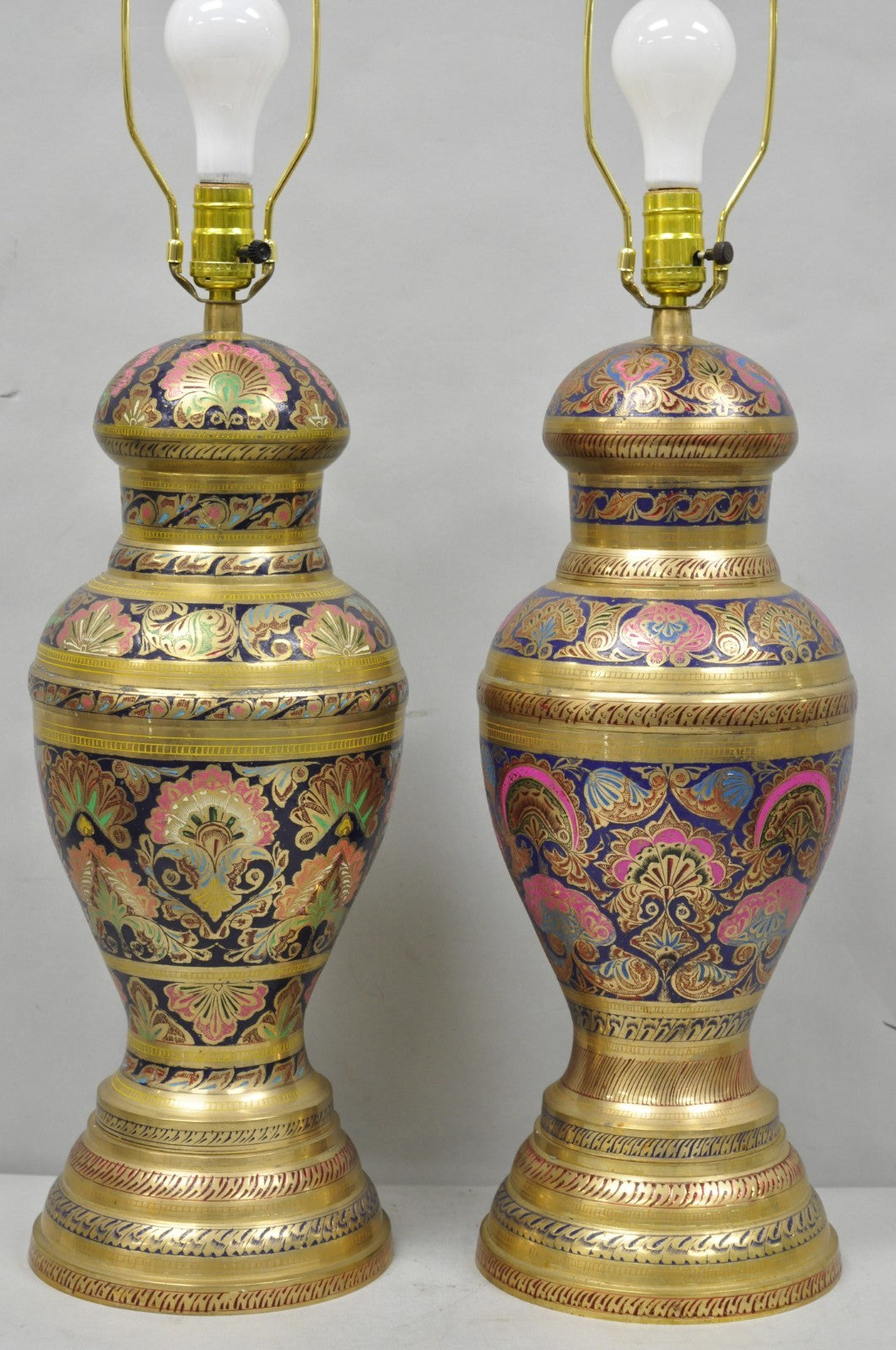 Vintage Brass & Cloisonné Enamel Pink & Blue Jardiniere Urn Table Lamps - Pair