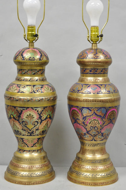 Vintage Brass & Cloisonné Enamel Pink & Blue Jardiniere Urn Table Lamps - Pair