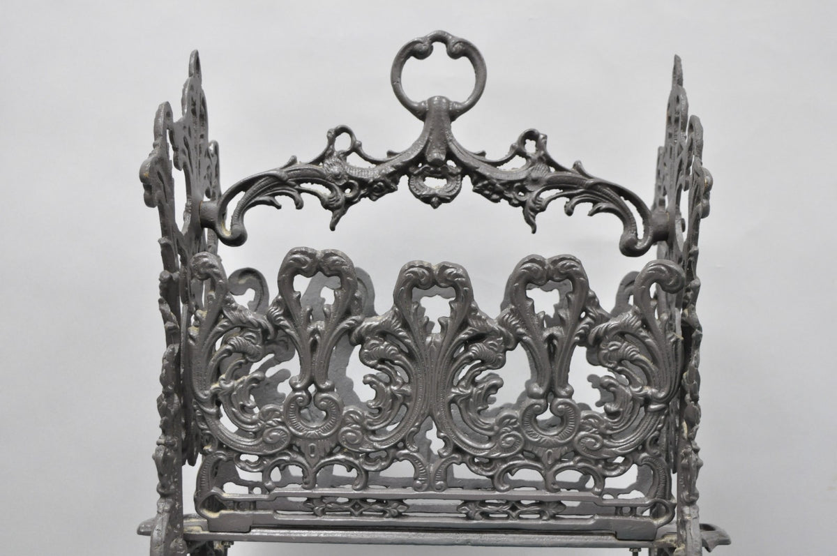 Vintage French Renaissance Victorian Style Cast Iron Magazine Rack with Cherubs